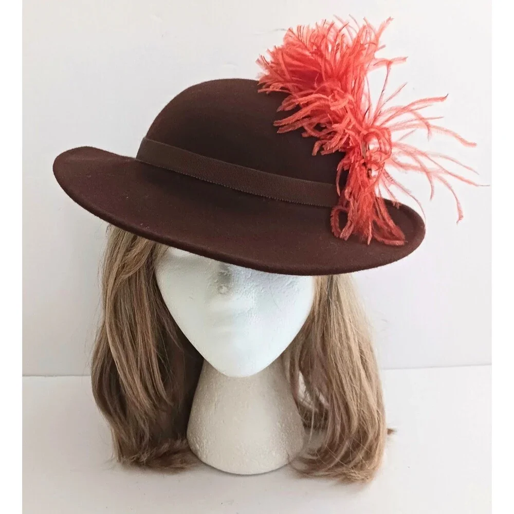 VTG Miss Rose Brown Felt Wool Hat Orange Feather Plume Trim O/S